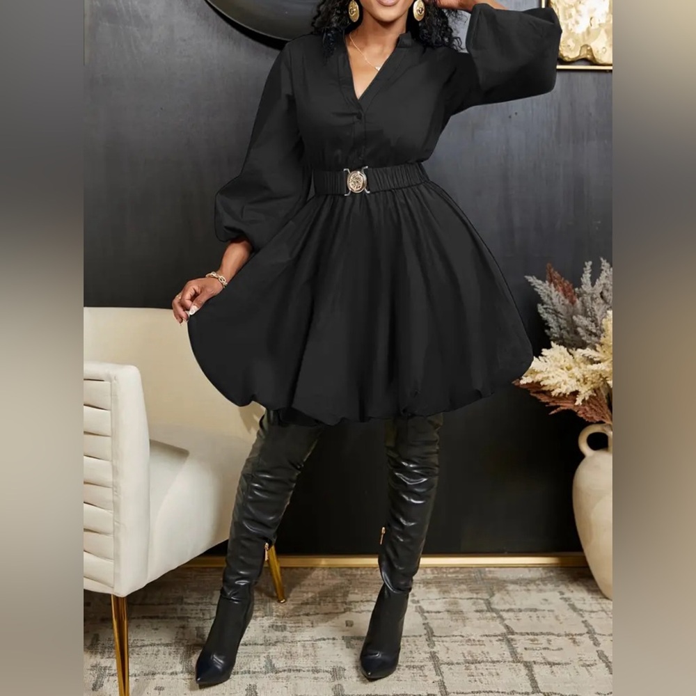 Black V-neck Button Front Bubble Dress, Elegant Lantern Sleeve Swing Dress